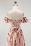 Blush Floral Corset A Line Ruffled Long Bridesmaid Dress