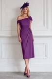 Off the Shoulder Burgundy Sheath Chiffon Midi Mother of the Bride Dress