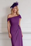 Off the Shoulder Burgundy Sheath Chiffon Midi Mother of the Bride Dress