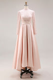 Candy Pink Lace High Neck A Line Long Mother of the Bride Dress with Pockets