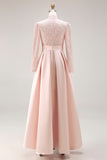 Candy Pink Lace High Neck A Line Long Mother of the Bride Dress with Pockets