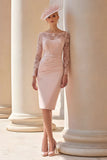 Blush Pink Illusion Boat Neck Satin Midi Mother of the Bride Dress with Lace