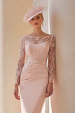 Blush Pink Illusion Boat Neck Satin Midi Mother of the Bride Dress with Lace