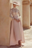 Candy Pink A Line High Neck Long Mother of the Bride Dress with Lace
