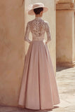 Candy Pink A Line High Neck Long Mother of the Bride Dress with Lace