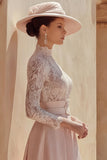 Candy Pink A Line High Neck Long Mother of the Bride Dress with Lace