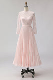 Blush Pink Chiffon A Line Pleated Midi Mother of the Bride Dress with Lace
