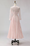 Blush Pink Chiffon A Line Pleated Midi Mother of the Bride Dress with Lace