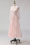 Blush Pink Chiffon A Line Pleated Midi Mother of the Bride Dress with Lace