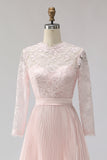 Blush Pink Chiffon A Line Pleated Midi Mother of the Bride Dress with Lace