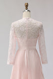 Blush Pink Chiffon A Line Pleated Midi Mother of the Bride Dress with Lace