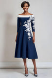Navy Floral Satin A Line Midi Mother of the Bride Dress with Sleeves
