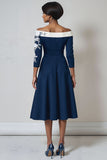 Navy Floral Satin A Line Midi Mother of the Bride Dress with Sleeves
