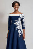 Floral Navy A Line Satin Midi Mother of the Bride Dress with Appliques