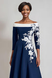 Navy Floral Satin A Line Midi Mother of the Bride Dress with Sleeves