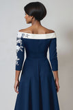 Navy Floral Satin A Line Midi Mother of the Bride Dress with Sleeves