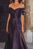 Plum Sheath Satin Off the Shoulder Long Mother of the Bride Dress