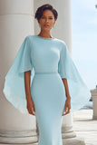 Light Blue Mermaid Beaded Round Neck Maxi Mother of the Bride Dress with Cape