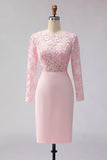 Blush Pink Sheath Boat Neck Midi Mother of the Bride Dress with Lace