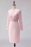 Blush Pink Appliqued Sheath Boat Neck Midi Mother of the Bride Dress with Sleeves