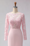 Blush Pink Appliqued Sheath Boat Neck Midi Mother of the Bride Dress with Sleeves