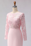 Blush Pink Sheath Boat Neck Midi Mother of the Bride Dress with Lace