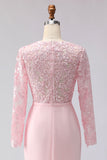 Blush Pink Appliqued Sheath Boat Neck Midi Mother of the Bride Dress with Sleeves