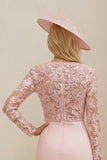 Blush Pink Sheath Boat Neck Midi Mother of the Bride Dress with Lace