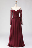 Cabernet Off the Shoulder A Line Lace Mother of the Bride Dress with Long Sleeves