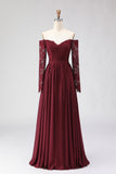 Cabernet A Line Off the Shoulder Long Mother of the Bride Dress with Lace