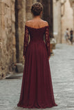 Cabernet Off the Shoulder A Line Lace Mother of the Bride Dress with Long Sleeves