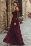 Cabernet A Line Off the Shoulder Long Sleeves Mother of the Bride Dress with Lace