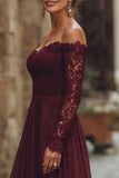 Cabernet A Line Off the Shoulder Long Sleeves Mother of the Bride Dress with Lace