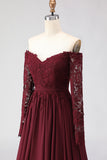 Cabernet Off the Shoulder A Line Lace Mother of the Bride Dress with Long Sleeves