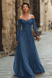 Cabernet A Line Off the Shoulder Long Sleeves Mother of the Bride Dress with Lace
