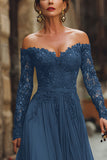 Cabernet A Line Off the Shoulder Long Sleeves Mother of the Bride Dress with Lace