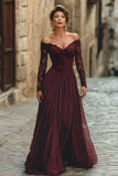 A Line Cabernet Off the Shoulder Maxi Mother of the Bride Dress with Lace