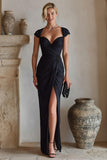Black Mermaid Ruched Maxi Mother of the Bride Dress with Slit