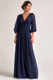 Navy Long V-Neck A Line Mother of the Bride Dress with Sleeves