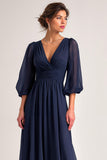 Navy Long V-Neck A Line Mother of the Bride Dress with Sleeves