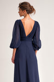 Navy Long V-Neck A Line Mother of the Bride Dress with Sleeves