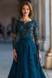 Peacock Blue Applique A-Line Long Mother of the Bride Dress
