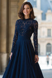 A-Line High Neck Navy Lace Applique Mother of the Bride Dress