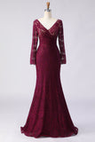 Cabernet Mermaid V-Neck Lace Applique Mother of the Bride Dress