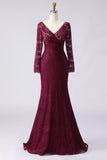Cabernet Lace Appliqued Mermaid V-Neck Long Mother of the Bride Dress