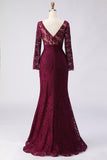 Cabernet Mermaid V-Neck Lace Applique Mother of the Bride Dress