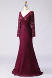 Cabernet Lace Appliqued Mermaid V-Neck Long Mother of the Bride Dress