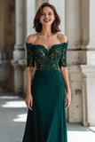 A-Line Dark Green Off the Shoulder Applique Long Mother of the Bride Dress