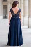 Navy A-Line Lace Applique Beading Mother of the Bride Dress