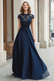 Navy Long Lace Applique A-Line Mother of the Bride Dress
